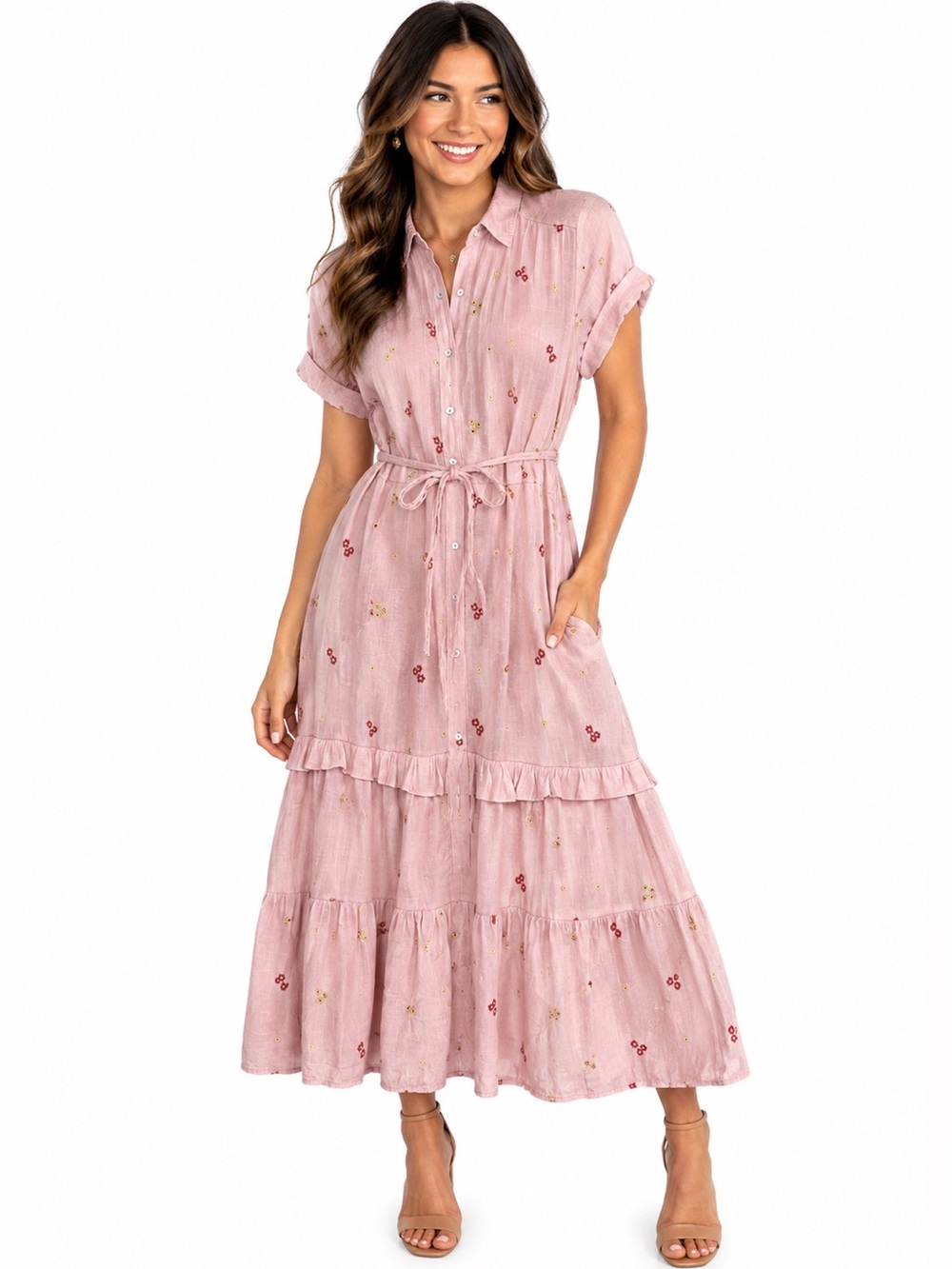 Pink Button Front Short Sleeve Floral Embroidered  Tiered Mid Maxi Large